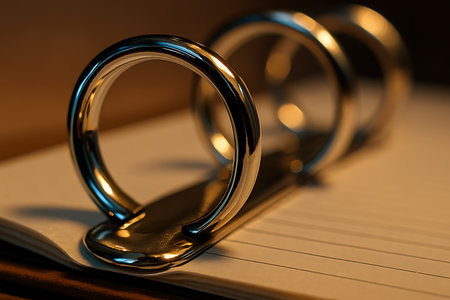 Close up of two wedding rings on a ring-shaped notebook.の素材