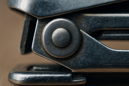 Close-up of a black stapler on a wooden backgroundの素材