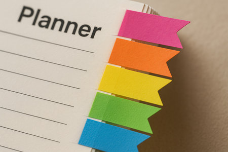 Planner with colorful sticky notes on the desk. Selective focus.の素材