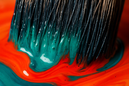 Close up of a paintbrush with blue and red paint, abstract backgroundの素材