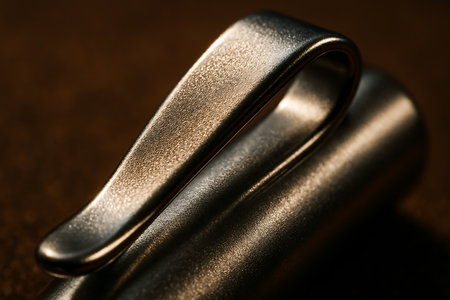 Close up of a metal clip on a brown background. Shallow depth of field.の素材