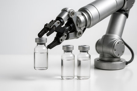 Robot hand holding vaccine vials. Vaccination and healthcare conceptの素材