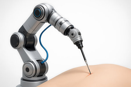 3d rendering robotic arm with needle on human skin in white backgroundの素材