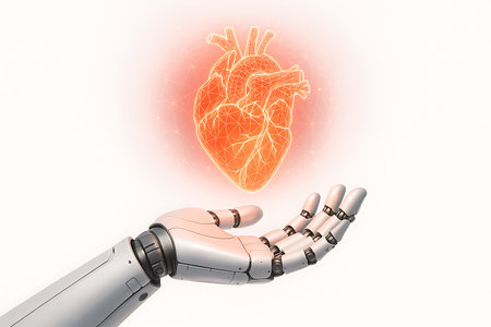 3d rendering robot hand holding human heart on white background with lightの素材