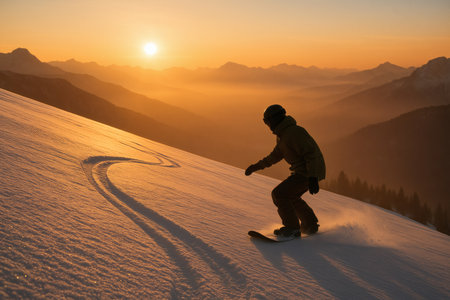 Snowboarder riding on snowboard in mountains at sunset. Winter sportの素材