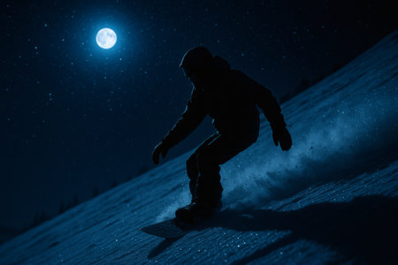 snowboarder on the background of the full moon in the mountainsの素材