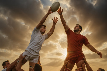 Rugby players fighting for ball during a rugby match at sunsetの素材