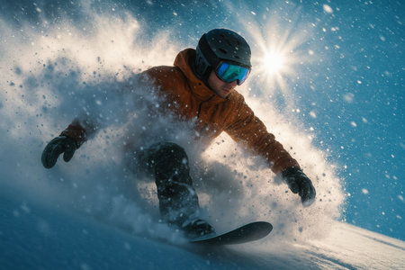 Snowboarder riding a snowboard in the mountains at sunset.の素材