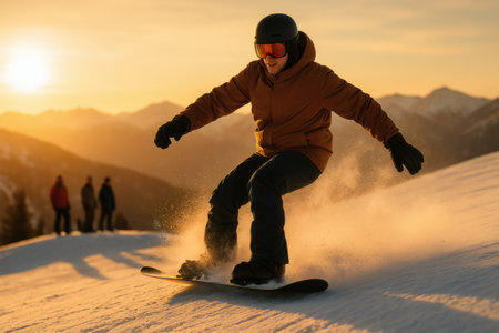 Snowboarder jumping in the mountains at sunset, winter sport.の素材
