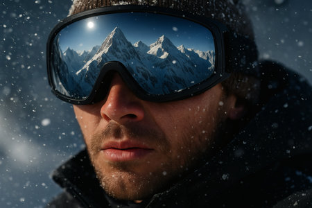 Close-up portrait of a snowboarder against the background of snowy mountainsの素材