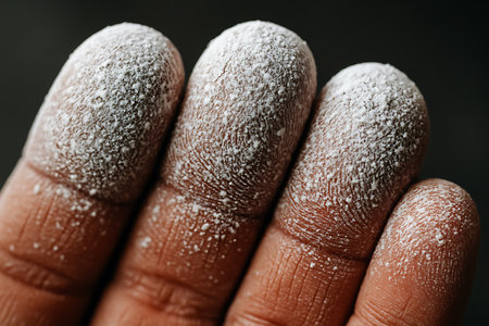 Close up of a human hand covered with snow on a dark backgroundの素材