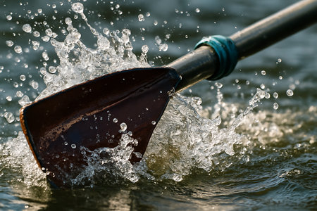 Paddle for rowing in the water with splashes of waterの素材