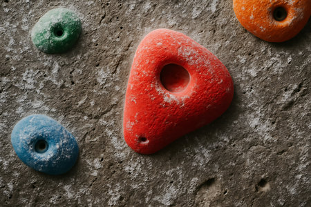 Rock climbing equipment on gray textured background, top view. Extreme sportの素材