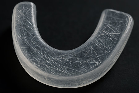 Close-up of plastic dental aligners on a black background.の素材