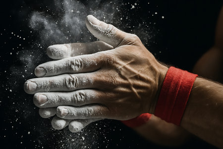 Close-up of a man's hands with flour on a black backgroundの素材