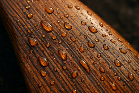 Water drops on a wooden board. Close-up. Selective focus.の素材