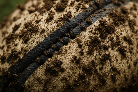 Close-up of old worn baseball. Selective focus. Shallow depth of field. Toned.の素材
