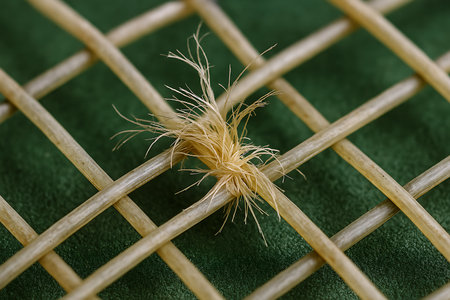 Close up of bamboo weave on green tablecloth. Macro shot.の素材