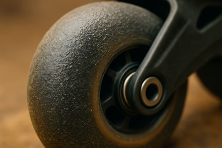Close up of black skateboard wheel on wooden background. Selective focus.の素材