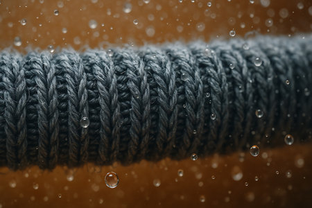 Woolen yarn with water droplets, close-up.の素材