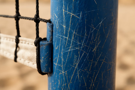 Closeup of a volleyball net on a sunny beach with shallow depth of field. Summer sport, leisure, vacation mood, outdoor recreation, vector illustration.の素材