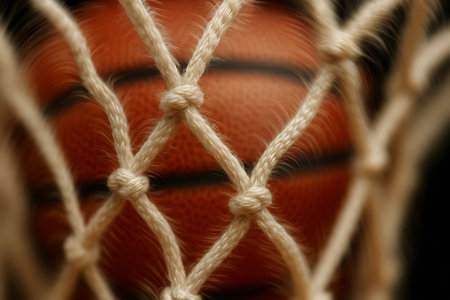 Basketball ball with net on black background. Close-up.の素材
