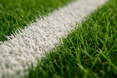 White line on the green grass of a soccer field, close-upの素材