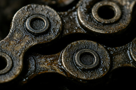 Close-up of a chain of a bicycle on a black background.の素材