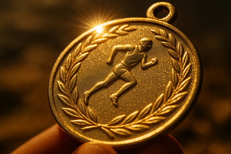 Gold medal with the image of a running woman on a dark backgroundの素材
