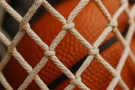 Close up of a basketball net with a ball in the background.の素材