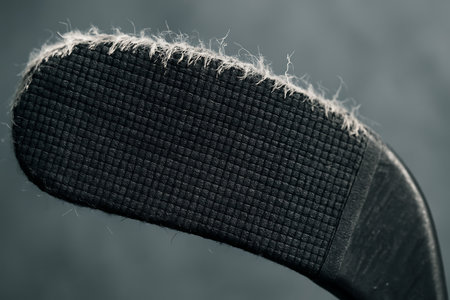 Closeup of a hockey stick on a gray background. Toned.の素材