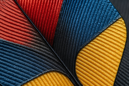 Close up of a yellow, blue and red karate belt.の素材