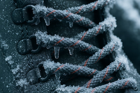 Close up of hiking boots covered with snow and ice. Shallow depth of fieldの素材