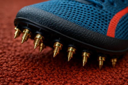 Close-up of a black shoe with spikes lying on a red carpetの素材