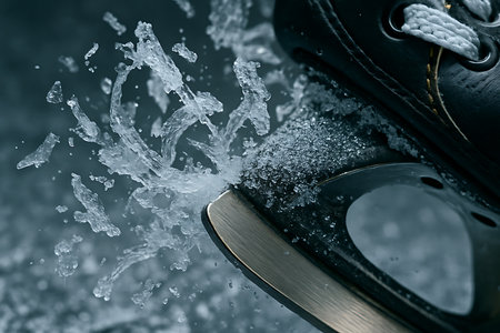 Ice skates close up with splashes of water on ice backgroundの素材