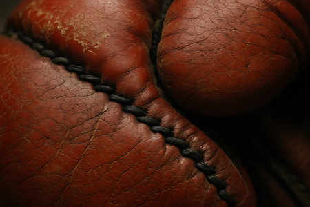 Close up of a pair of leather boxing gloves on a dark backgroundの素材