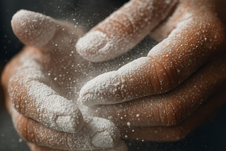 Close-up of a man's hands in flour on a dark backgroundの素材