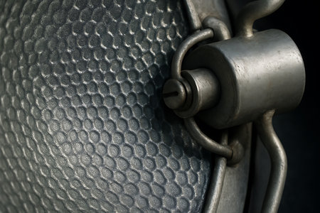 Close up of a metal lock on a black leather car door.の素材
