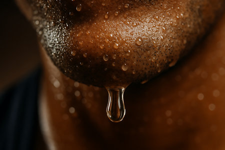 Close-up of a man's mouth with drops of water.の素材