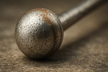 Close-up of an old spinning top on a wooden surface.の素材