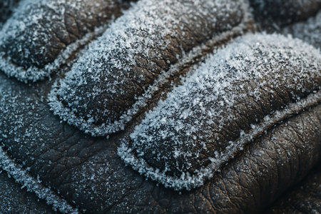 Close up of black leather glove covered with hoarfrost. Selective focus. Toned.の素材