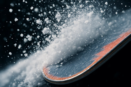 Close-up of snow powder falling on skateboard. Extremely shallow depth of field.の素材