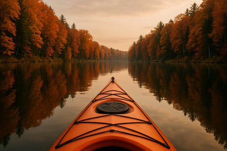 Kayak on the lake in the autumn forest at sunset. Beautiful landscape.の素材