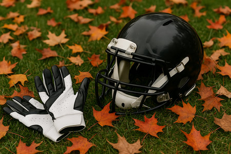 American football helmet, gloves and helmet on green grass with autumn leavesの素材