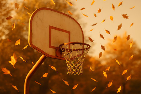 Basketball hoop and falling autumn leaves in the park. Selective focus.の素材