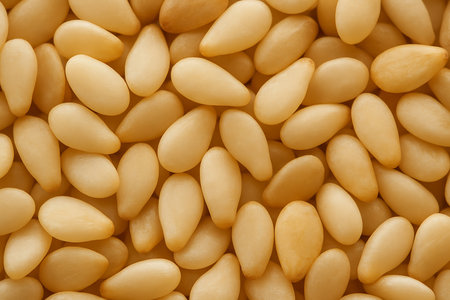 many pine nuts as a background, close-up, top viewの素材