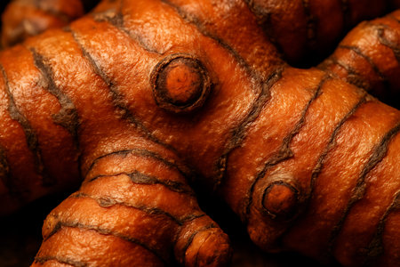 Close up of fresh turmeric roots on dark wooden background. Selective focus.の素材