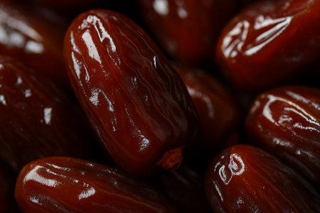 Close up of dried dates fruits as background. Macro, shallow depth of field.の素材