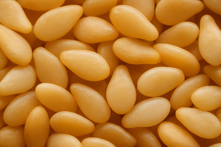 Close up of a pile of pine nuts as a background texture compositionの素材