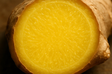 Close up of fresh ginger root. Macro shot of ginger root.の素材